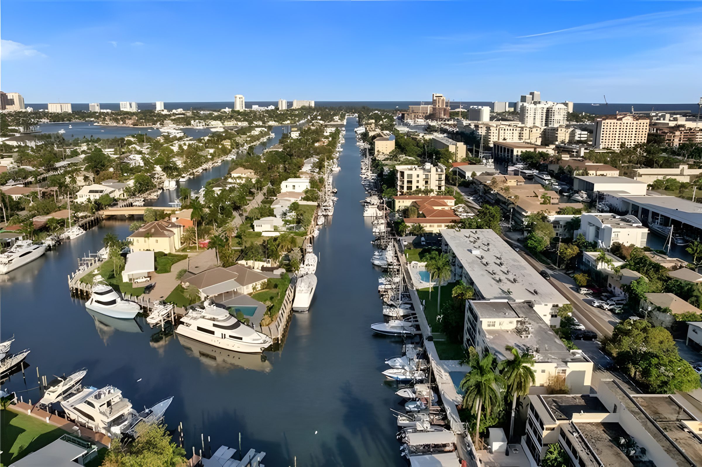 The canal running toward the Intracoastal, lined with docks and boats.