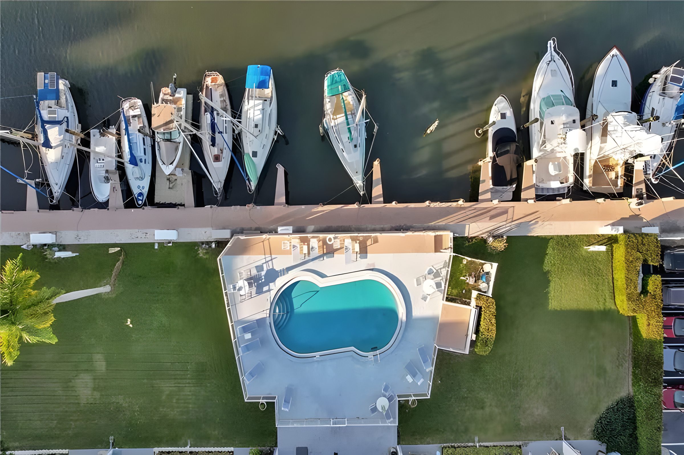 Overhead view of the pool deck and lawn, with the association's boat slips and moored sailboats directly behind on the canal.